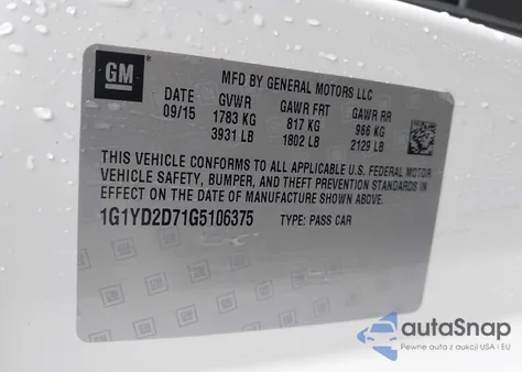 2016 Chevrolet Corvette Stingray z USA, uszkodzony, nr VIN 1G1YD2D71G5106375